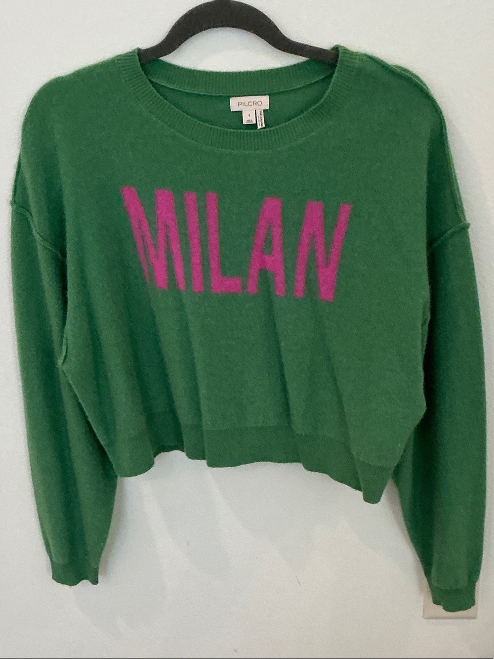 Pilcro Green Crewneck Sweater with Pink MILAN Lettering